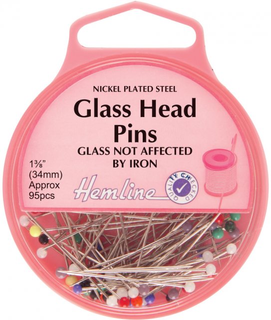 Hemline Glass Head Pins: Nickel - 34mm, 95pcs